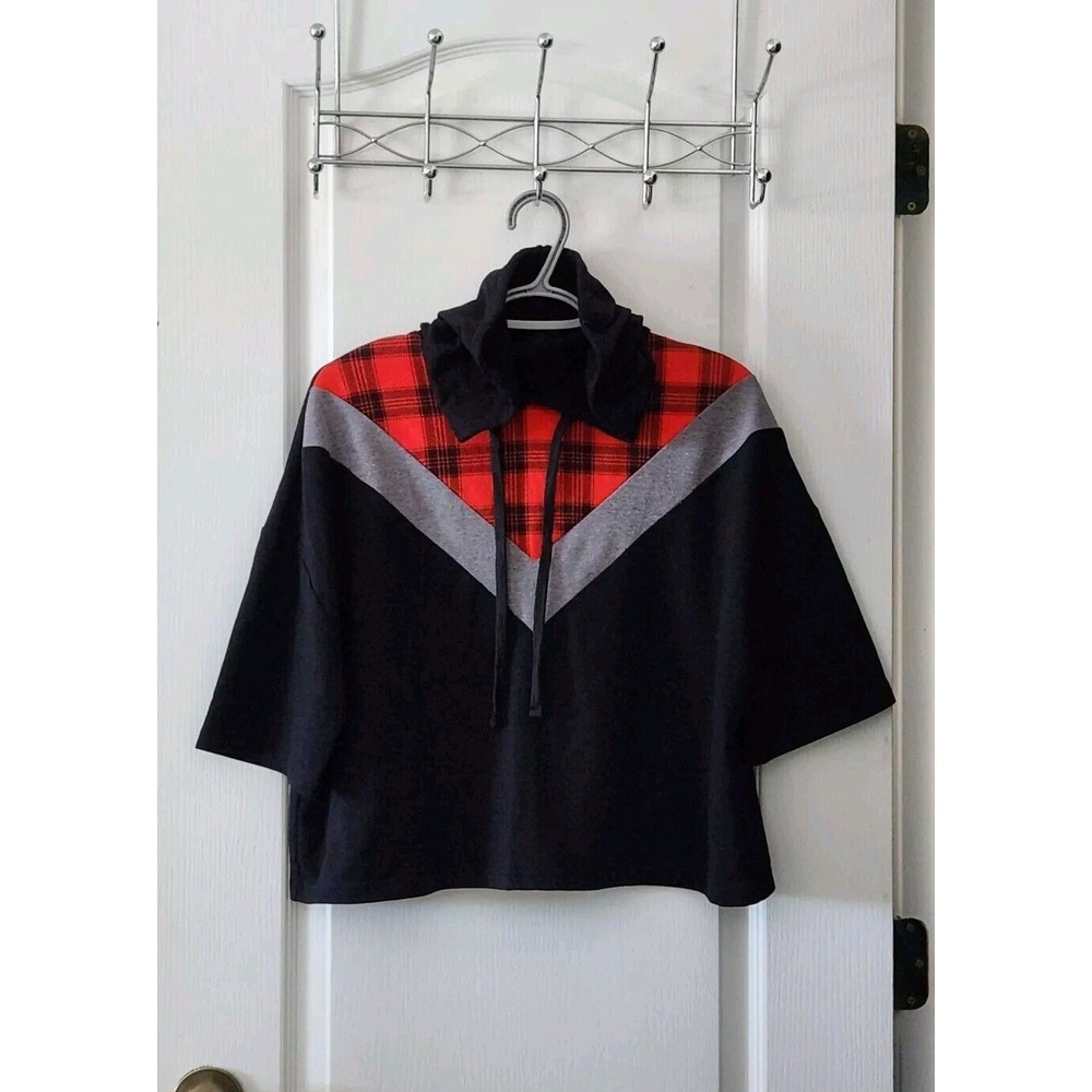 Women's Flirtitude Active Black Red Plaid Hooded ‎ Short Top Pullover Cotton  S